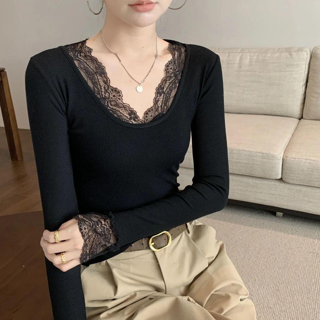 Women's Lace Splicing U-neck Slim-fit Ribbed Long Sleeve Base Layer Top for Autumn/Winter