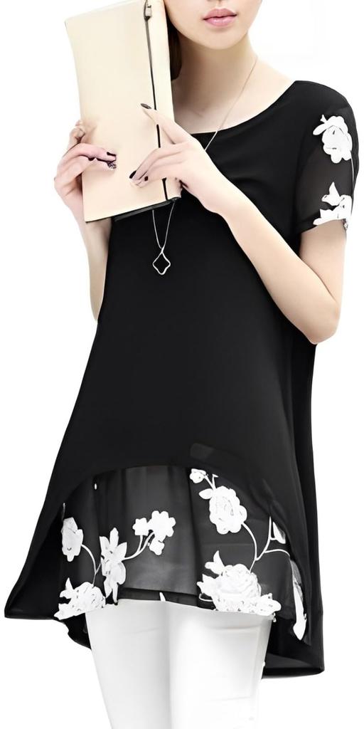 Aspersio Simple Layered Floral Tunic Top with Short Sleeves and Features Tiered Cuff Straight and Round Crew Cut and Sewn Asymmetrical Pullover