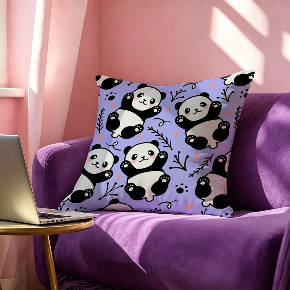 Fashionable Chibi Panda Square DoubleSided printed Pillow Case Bedroom Bedside Pillow Sofa Cushion Cover