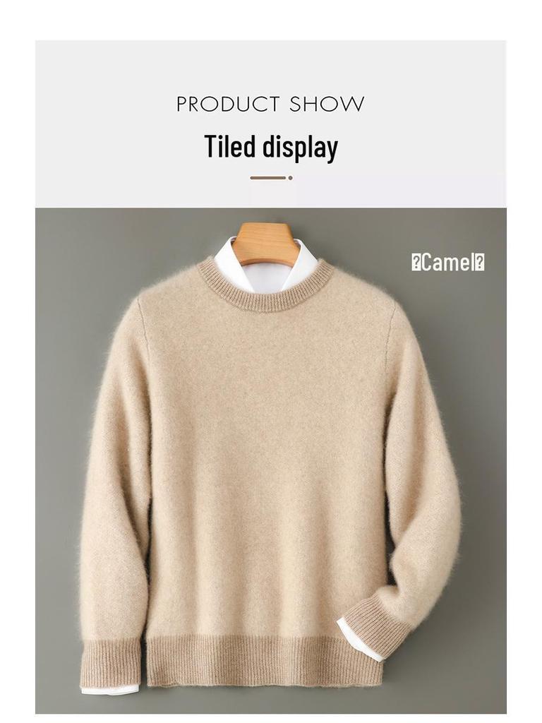 Men's Thickened 100% Pure Wool Color Block Round Neck Sweater - Casual Loose Jacquard Knit Cashmere Top