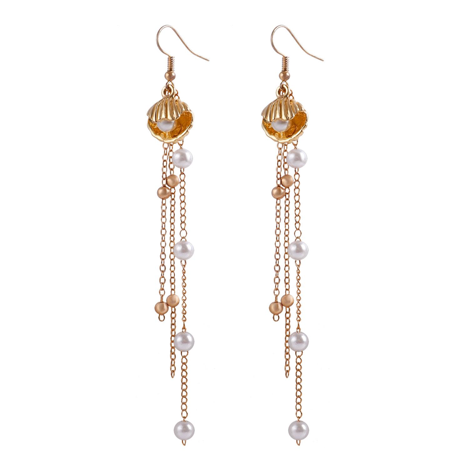 Tassel earrings imitation pearl shell metal ear hanging high-end light luxury earrings золотой