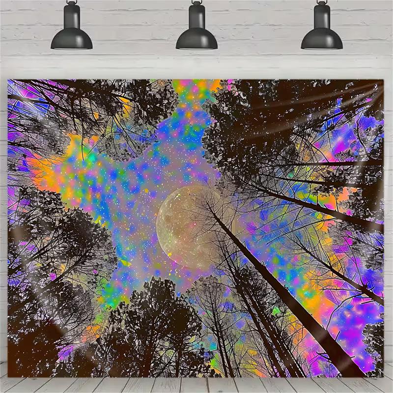 2D Blacklight Forest Moon Tapestry, UV Reactive Trippy Wall Hanging for Bedroom & Dorm