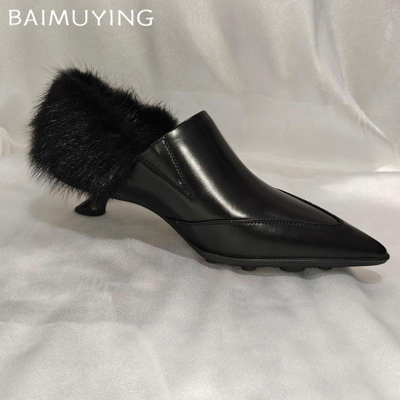 Fur Women Ankle Boots Pointed Toe Elegant Mid Heels Leather Shoes 2025 Trend Winter Fashion Pumps Designer Dress Botas De Mujer