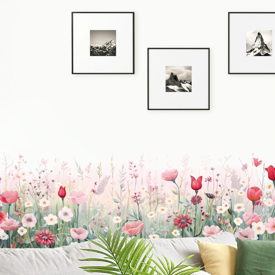Creative Plants Wall Decals Pink Flowers Roses Baseboards Wall Stickers Decoration for Living Room Bedroom Waistline Home Decor