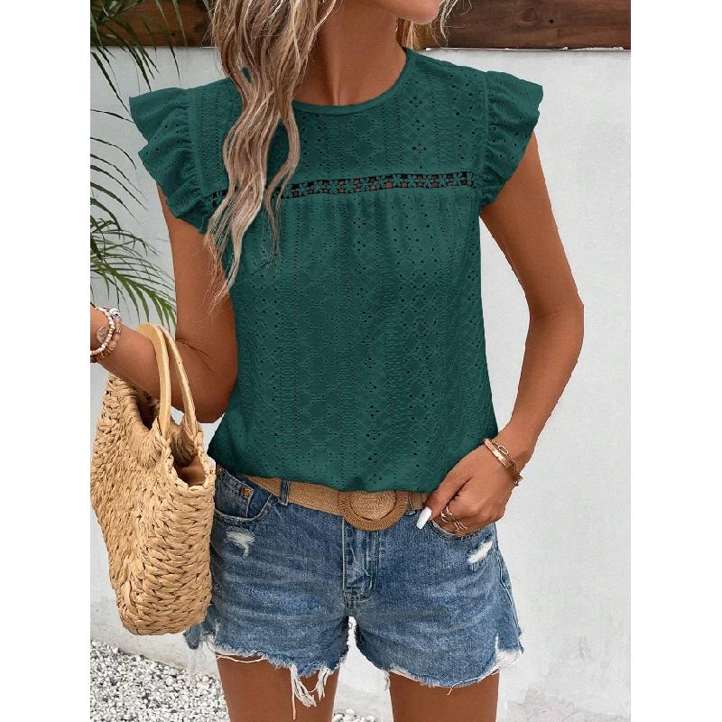 2026 Women's Summer New Round Neck Lace Solid Color Ruffle Short Sleeve Top