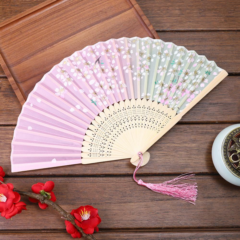 Chinese Japanese Folding Fan Wooden Shank Classical Dance Fan Tassel Elegent Female Fan Party Art Craft Gift Home Decoration