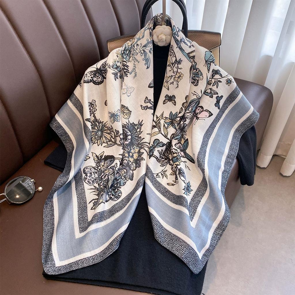 90X90Cm Vintage Butterfly Print Handkerchief Scarf For Women Imitation Silk Shawl Scarfs Female Square Head Scarves
