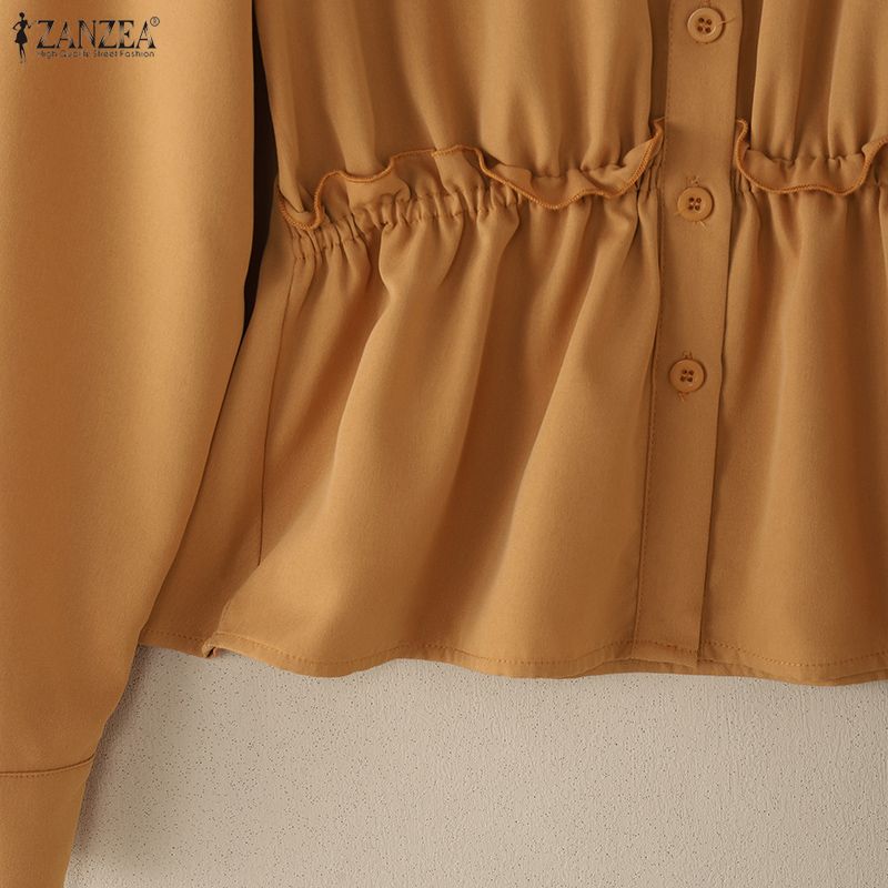 ZANZEA Women Casual Turn Down Collar Solid Color Long Sleeve Blouse