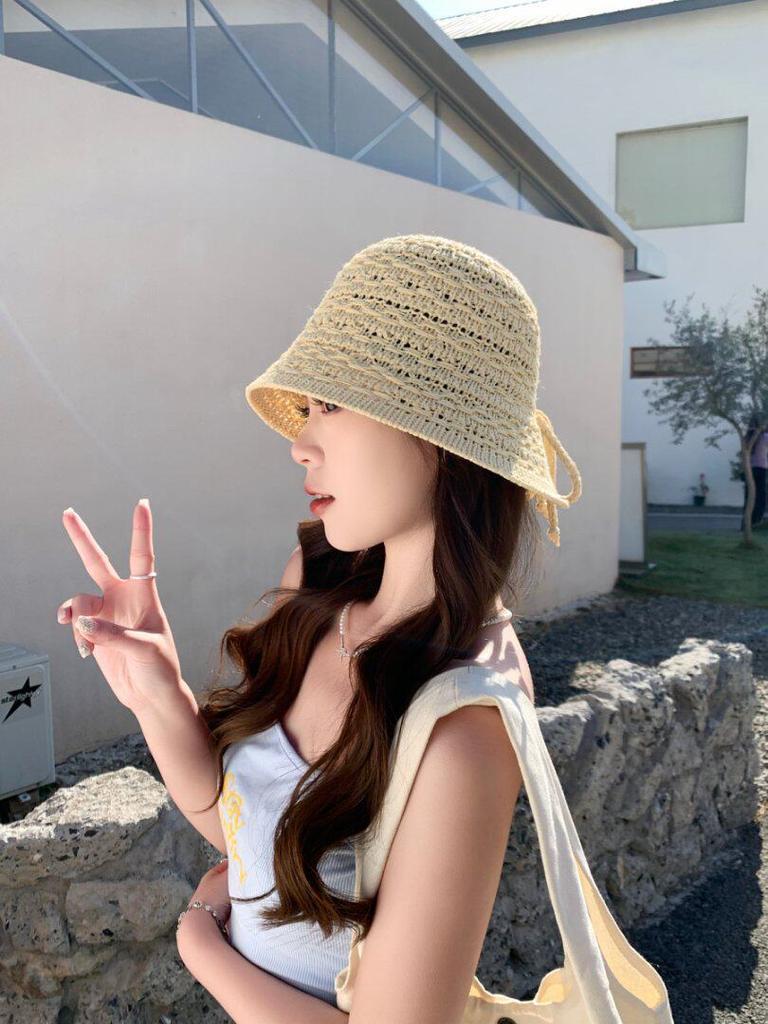 Color knitted hollow breathable bucket hat women's summer outdoor face small sunshade bucket hat women's basin hat