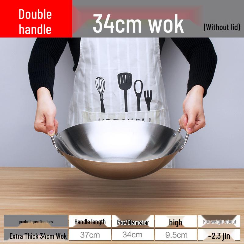 Extra Thick Non-Magnetic Stainless Steel Wok, 34-100cm Round Bottom with Double Ears for Commercial Use