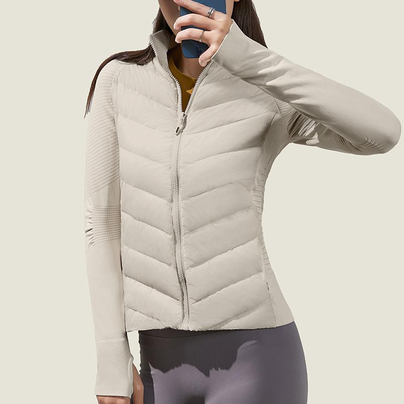 Women's Lightweight Seamless Splicing White Goose Down Jacket Slim Fit Thermal Sports Coat For Running Fitness Yoga