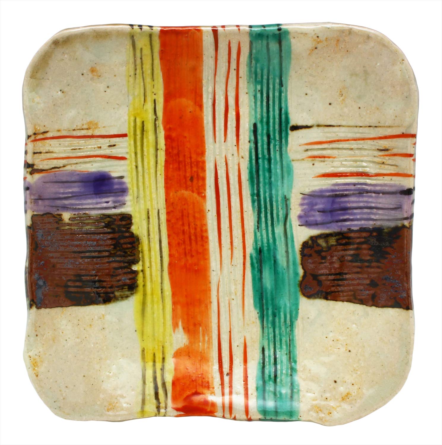 

Mino ware Nakagaki Renji Colored Thread Roll Square Plate, Approx. 16cm Diameter, Colorful, Made in Japan, 043-0168