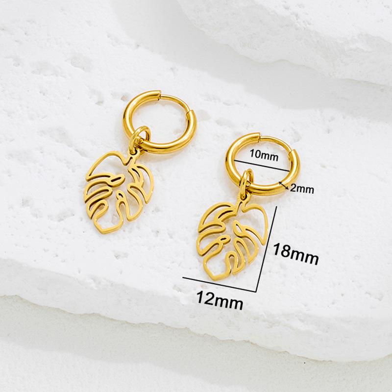Versatile 18K Gold Palm Leaf Pattern Stainless Steel Drop Earrings