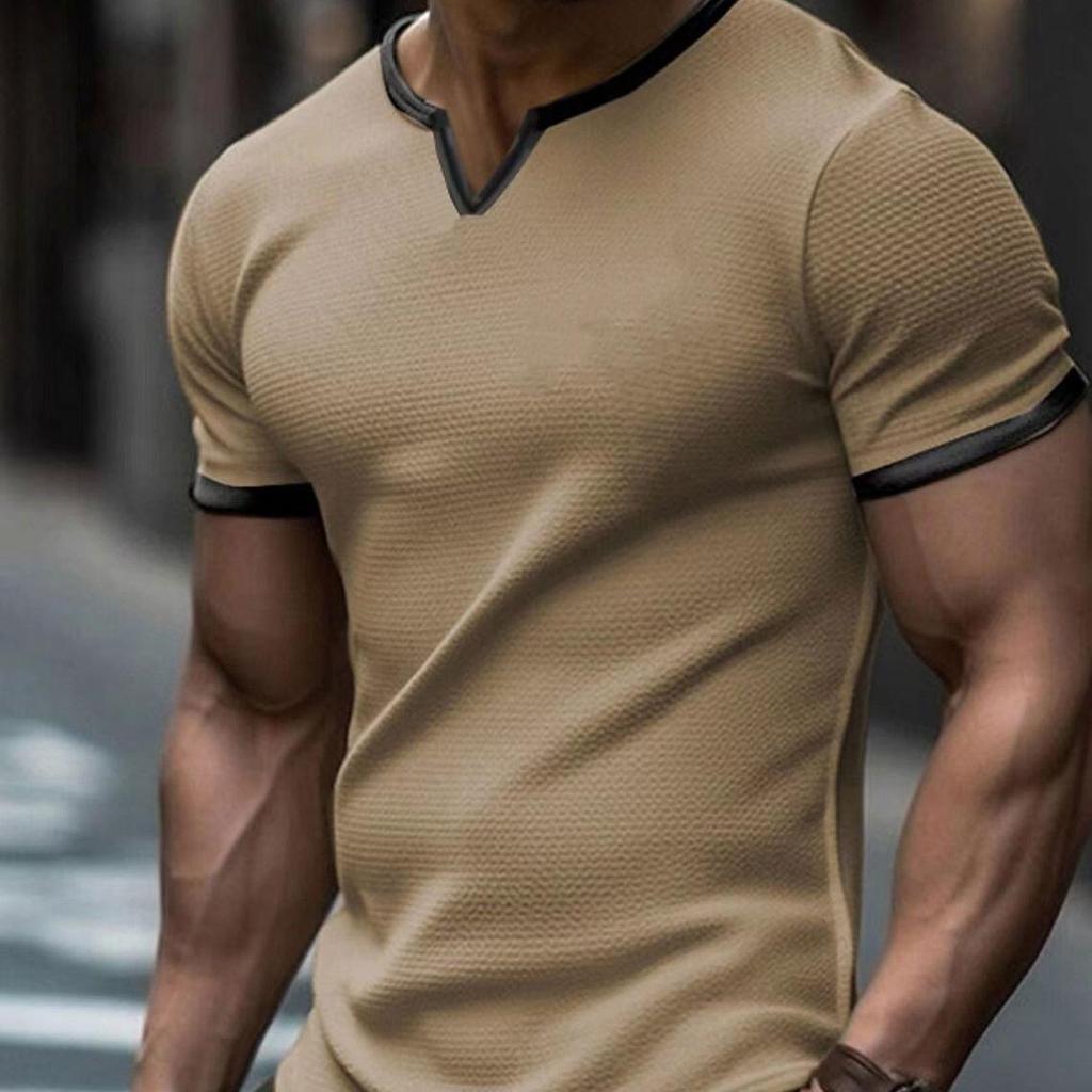 2024 Trendy Herren-T-Shirt mit lockerer Passform und kariertem V-Ausschnitt und kurzen Ärmeln