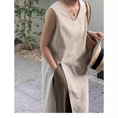 Robe d'été 2025 sans manches à col en V en lin et coton, longueur au-dessus du genou pour femme - Couleur unie, Fente simple