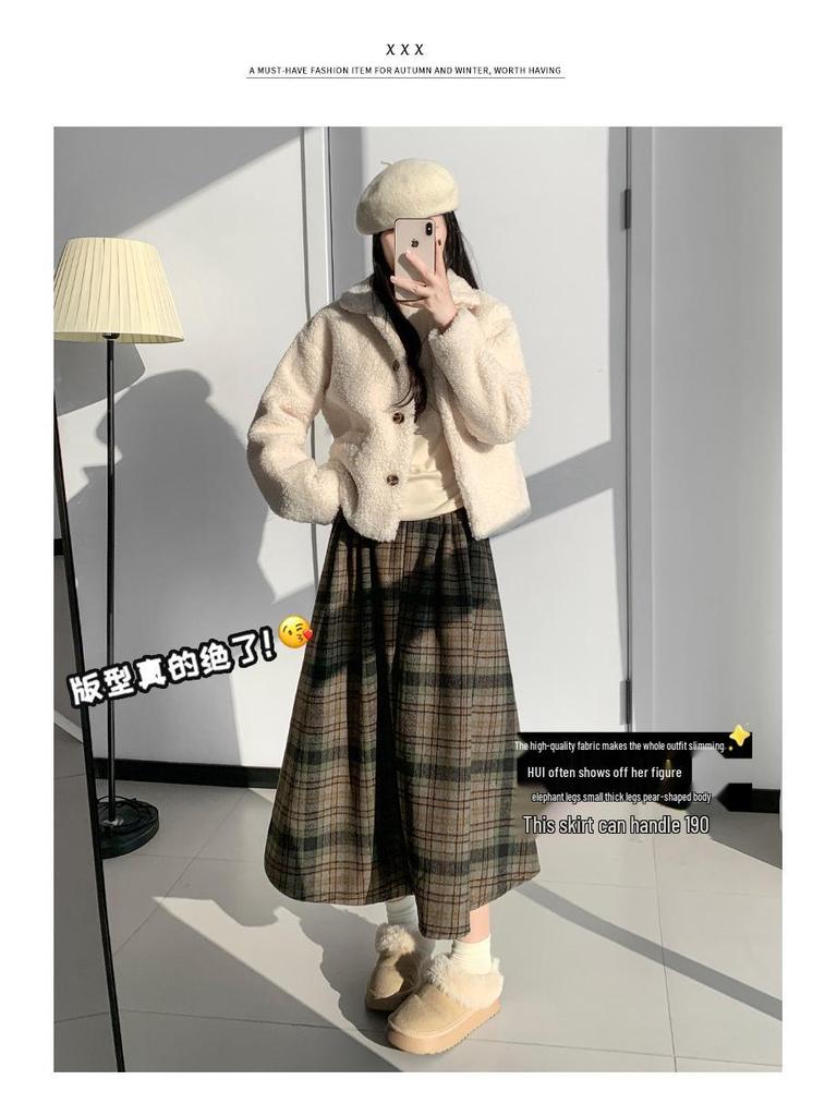 Korean Retro Plaid Woolen A-line Skirt for Women - High Waist Winter Long Skirt