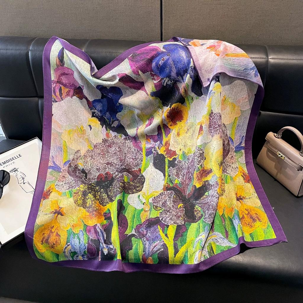 Double-Sided Faux Silk And Wool Printed Scarf For Women Spring And Autumn 90Cm Square Scarf Foulard Bandana Femmel Headscarf