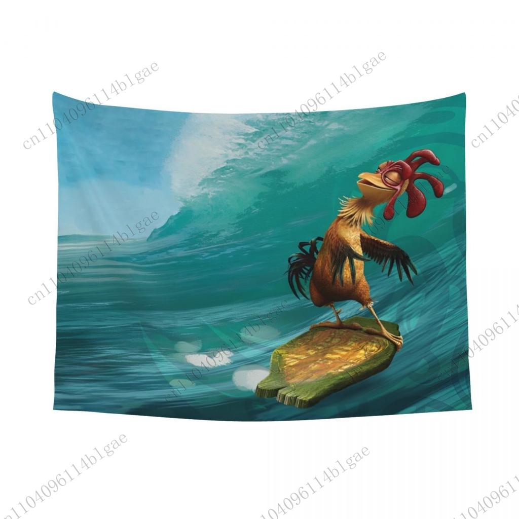Cartoon Chicken Joe & Penguin Beach Scene Dorm Wall Hanging Tapestry Room Embellishment Surf's Up Element Wall Decor Banner