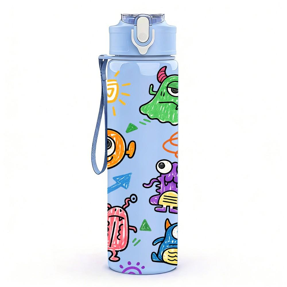 1PC Sun Monster Doodle Print 750ml Color Plastic Sports Water Bottle Leakproof Flip Straw Lid Suitable for Sports Office Home Use
