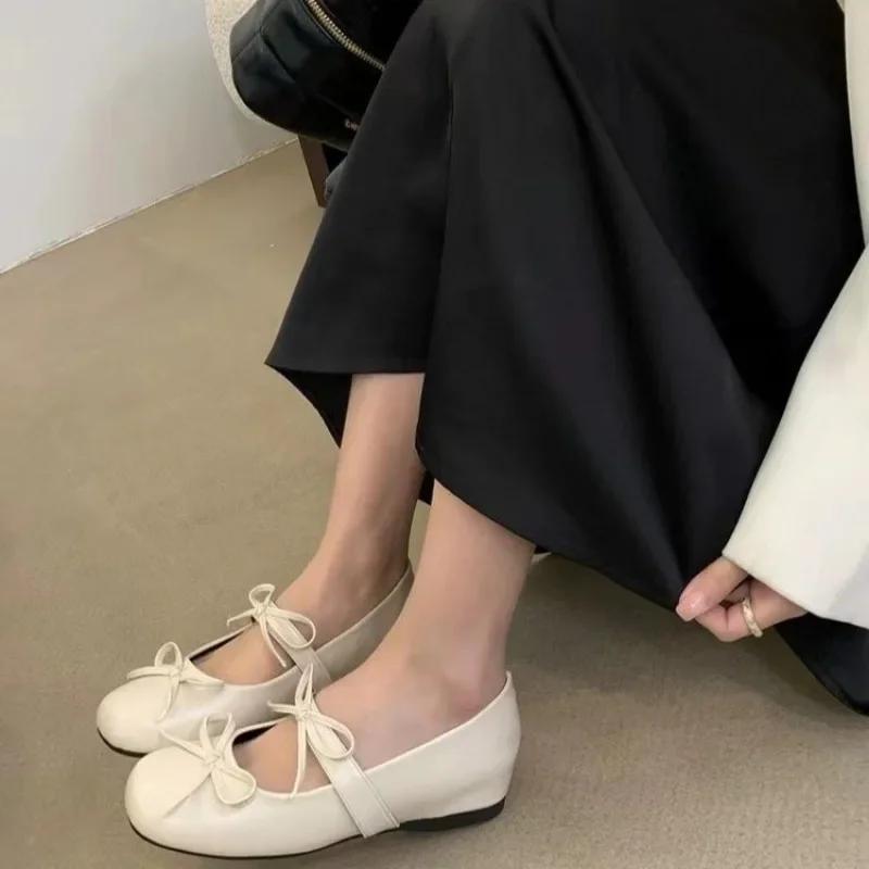 Round Toe Shoes Woman Flats Bow-Knot Casual Female Sneakers Low Heels Dress Summer Butterfly Comfortable On Heels Buckle Strap