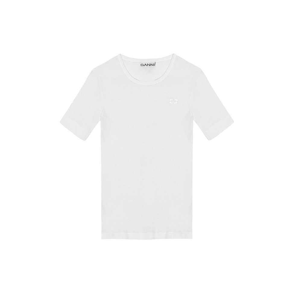 Ganni Butterfly Logo Embroidered Round Neck Fitted Short Sleeve T-Shirt Women tops Bright-White T3941151