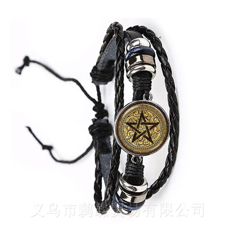Bracciale Pentagramma di Baphomet Satanico Bangle in Pelle Nera/Marrone Gotico Satanismo Male Occulto Pentacolo Gioiello Amuleto Pagano Regalo