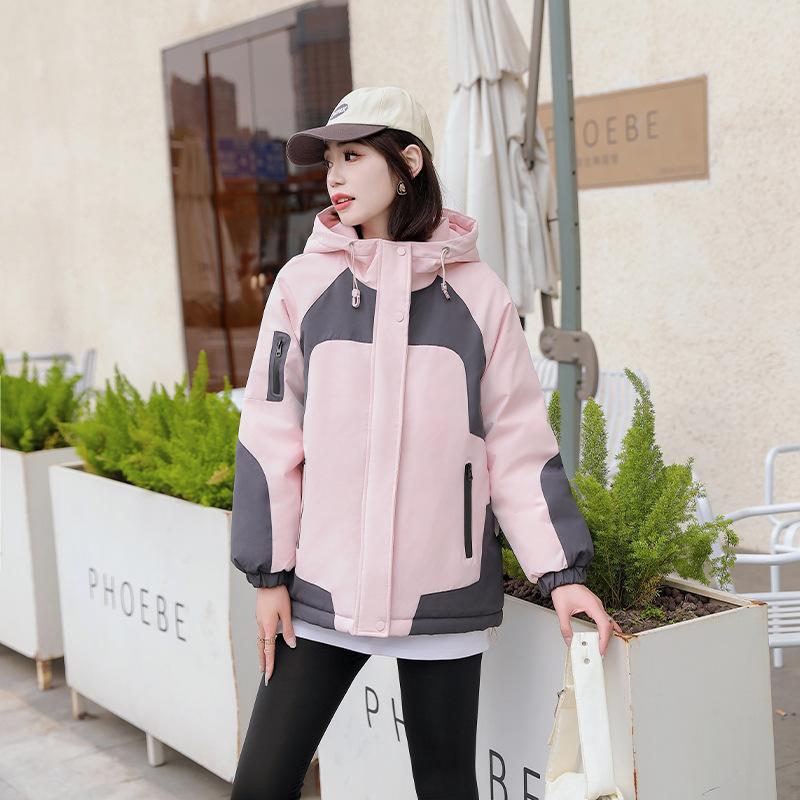 

Winter new down cotton clothes thickened jacket hooded casual top outdoor loose color matching jacket 2XL розовый