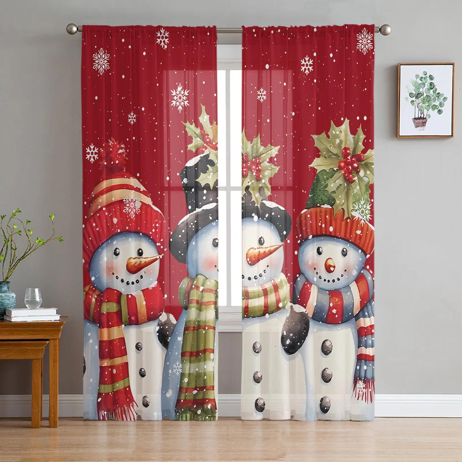 

Christmas Snowman Snowflake Red Yarn Drape Window Tulle Drapes For Living Room Kitchen Area Window Opening Translucent Voile Drapes W135 x H115cm x1&Rod Pocket