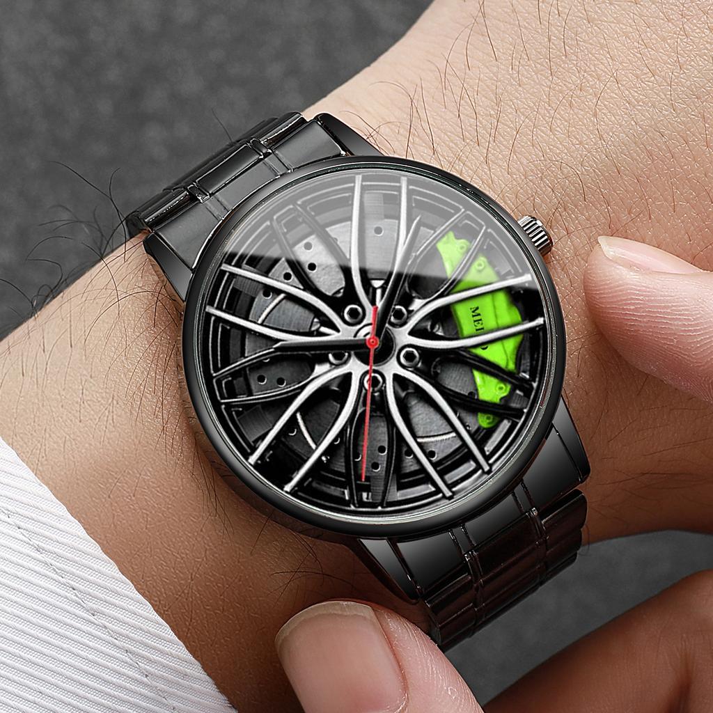 2PCS Men Business Watches Fashion 3D Car Wheel Dial Men Sports Watch Stainless Steel Band Analog Quartz Watch Set