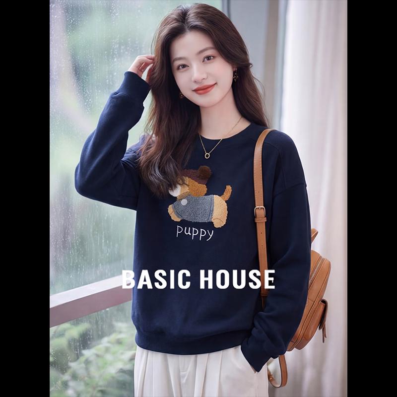 Basic House Women s Round Neck Loose Pullover Sweatshirt One Size