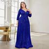 Cross-Border Amazon New Evening Dress Plus Size Sequined Long-Sleeved V-Neck Elegant Long Dress for Parties and Banquets