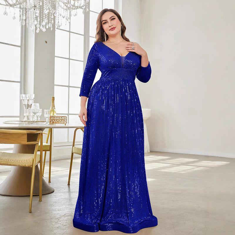 Cross-Border Amazon New Evening Dress Plus Size Sequined Long-Sleeved V-Neck Elegant Long Dress for Parties and Banquets