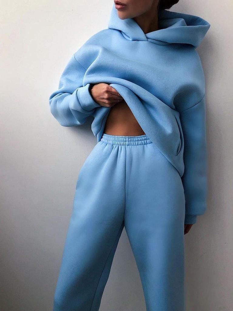 Women Elegant Solid Sets For Women Warm Hoodie Sweatshirts And Long Pant Fashion Two Piece Sets Ladies Sweatshirt Suits