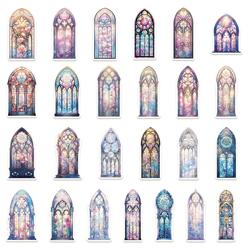 50-Piece Elegant Church Window Stickers - Waterproof DIY Decorative Decals for Notebooks, Laptops, Journals & Phone Cases