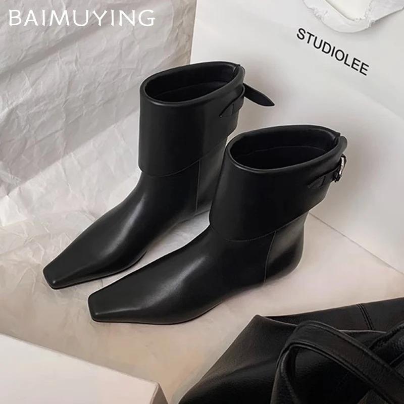 Flats Women Ankle Boots Square Toe Fashion Sexy Leather New Shoes 2025 Trend Designer Classic Buckle Goth Winter Botas De Mujer