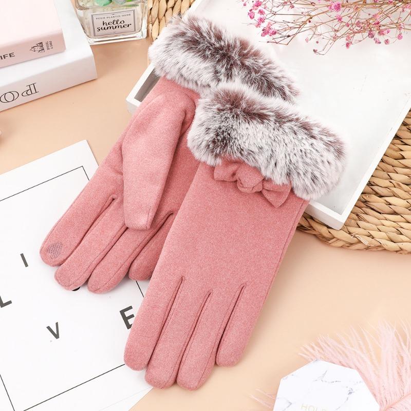 Ladies Thermal Gloves Autumn and Winter Outdoor Riding Driving Cute Velvet Bow German Velvet Cold-proof Gloves