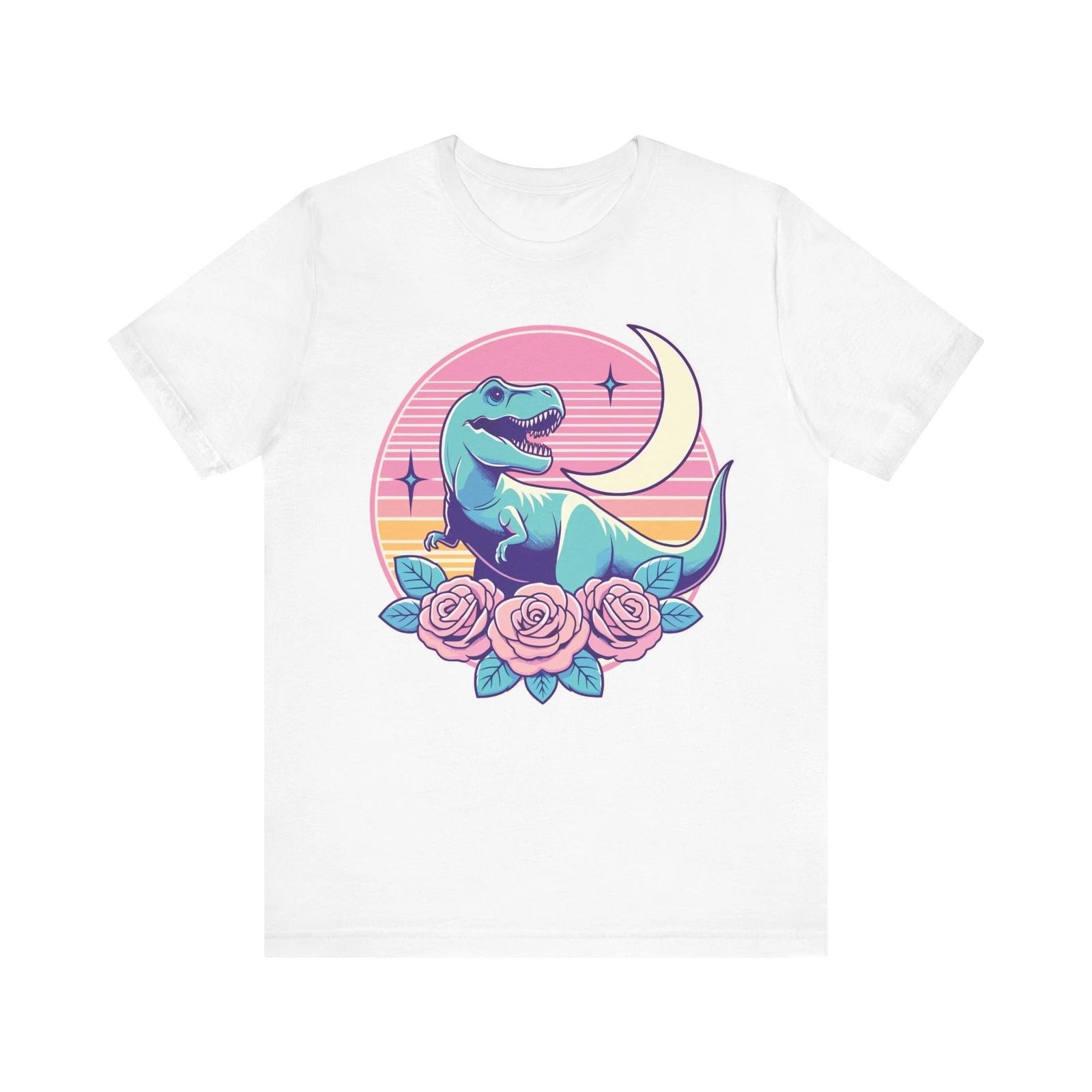 Retro Pastel Dinosaur T-Rex with Moon and Roses Aesthetic T-Shirt S