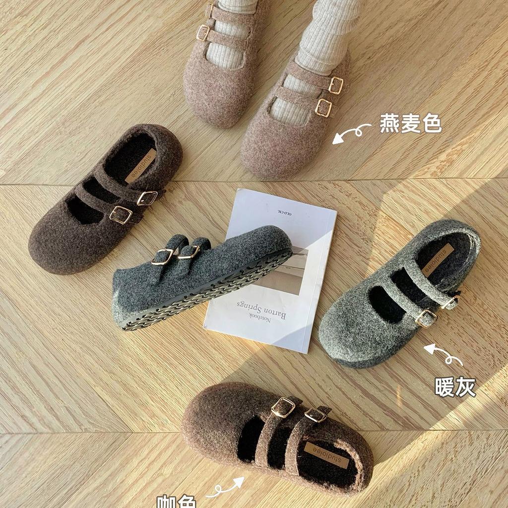 Fan Gui ~ Height Increase 3.5cm ~ Round Toe Double Buckle Birkenstock Wool Mary Jane Wool Single Shoe Girl