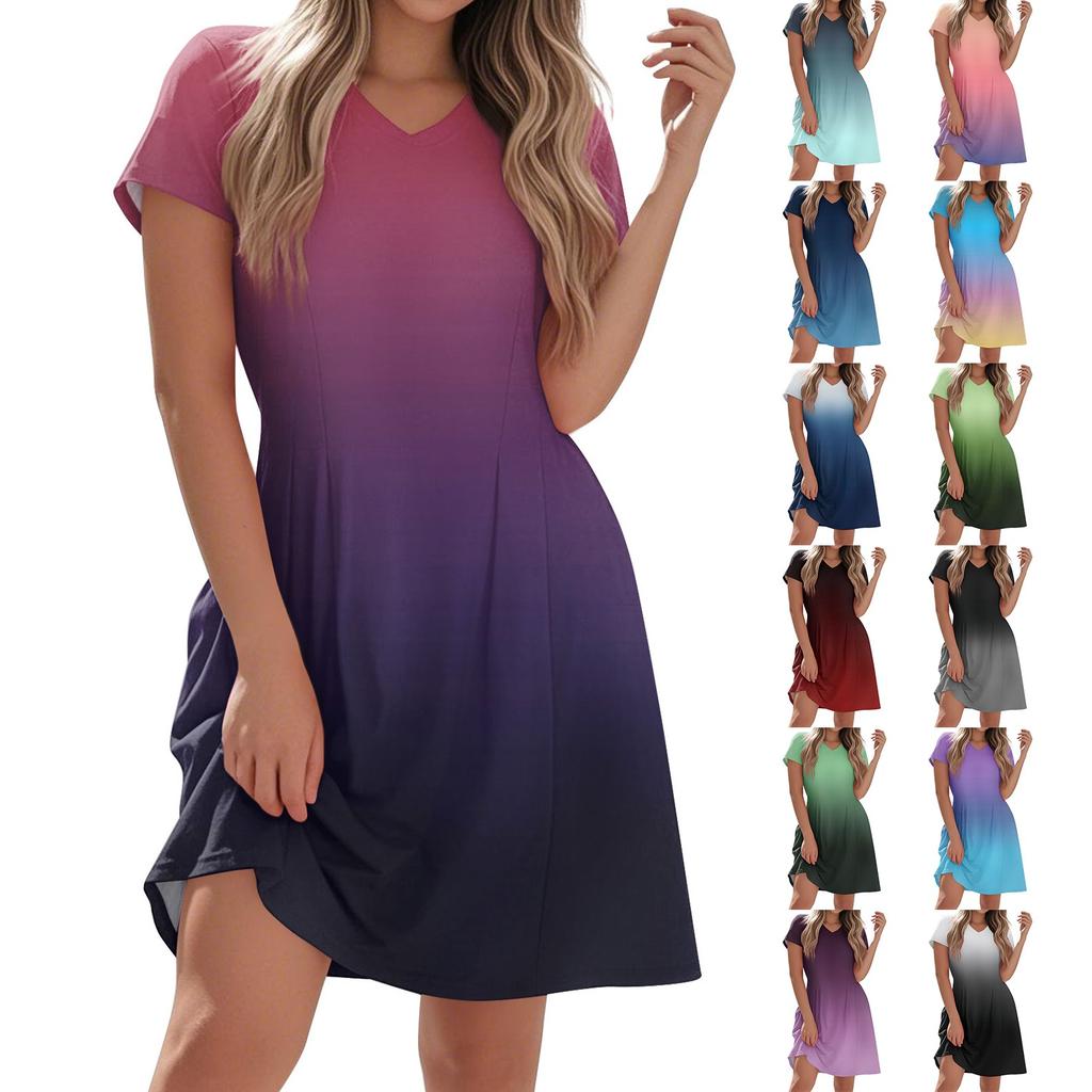 Women's Fashion Casual Short-sleeved V-neck Gradual Print Home Holiday Casual Dress