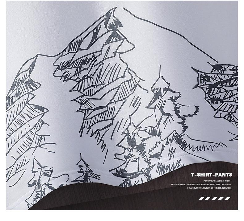 Men's Summer Slim Fit Snow Mountain Print Two-Piece Sports T-Shirt Suit