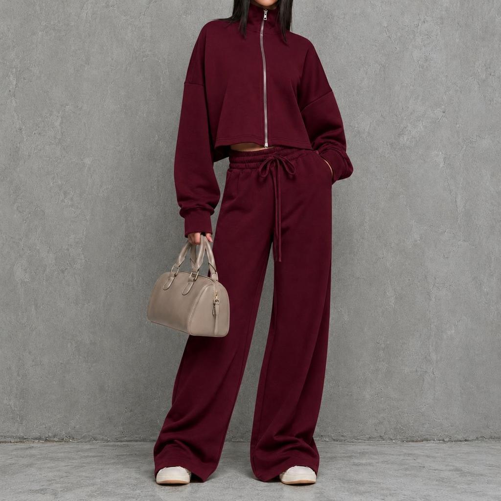 Women's Zip-Up Hoodie and High Waist Wide Leg Pants Set Casual Loungewear Tracksuit