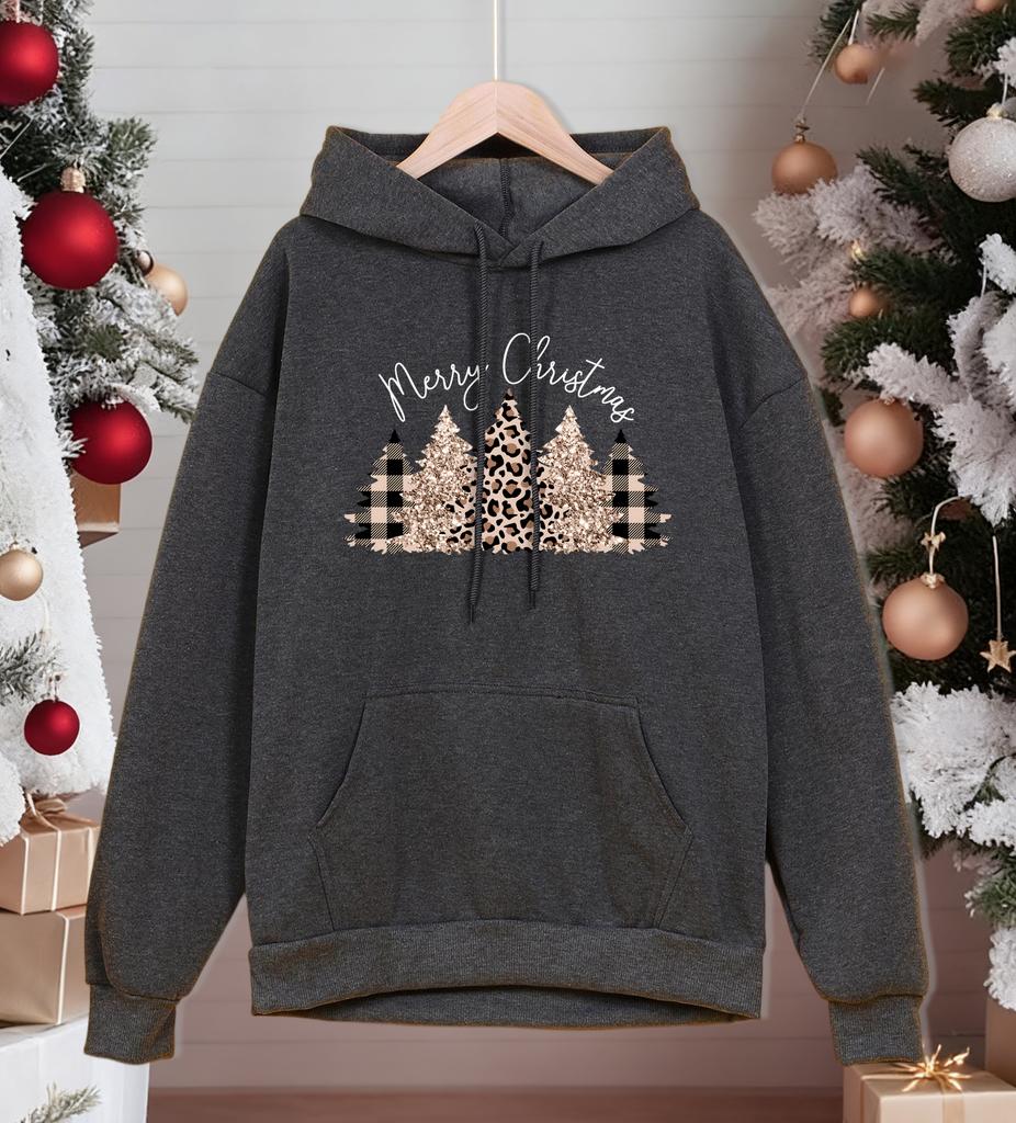 Merry Christmas Leopard Plaid Trees Printed Hoodies Men Fashion Loose Hoody Fleece Autumn Pullovers All-Match Pocket Streetwear