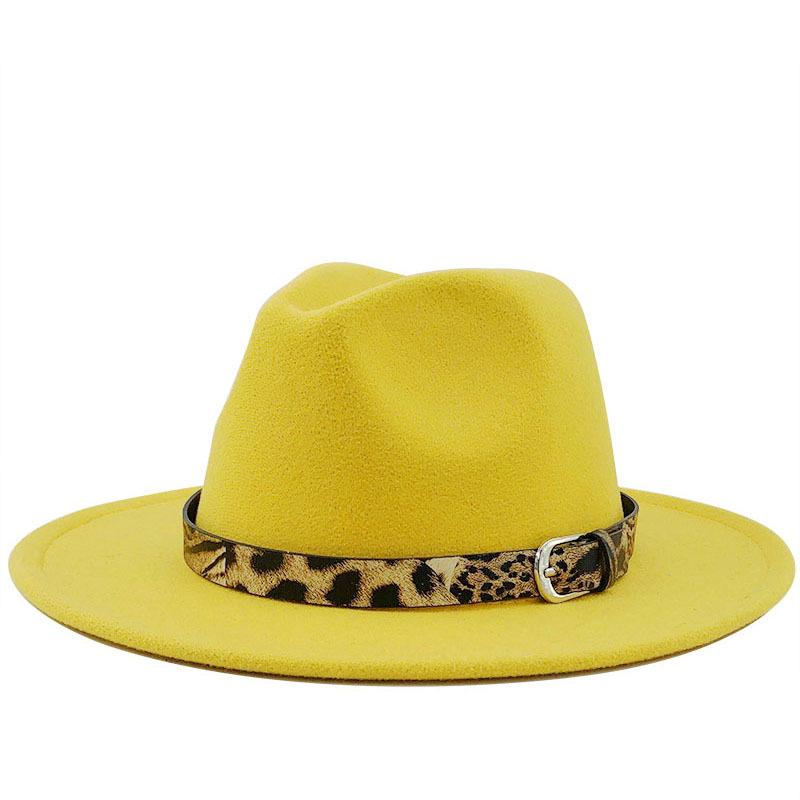 Fashion leopard print belt woolen top hat ladies jazz hat autumn and winter versatile felt hat flat edge top hat church hat