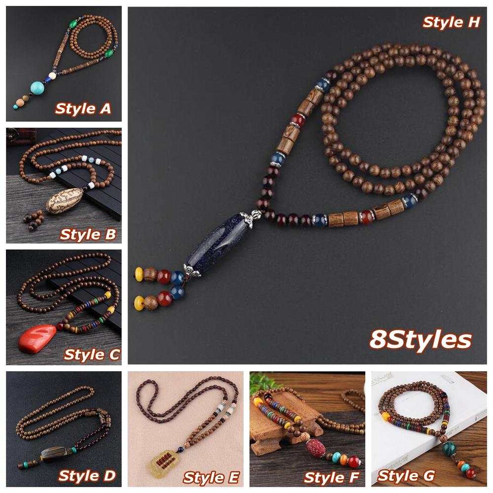Boho Lucky Gift Party Handmade Mala Wood Bead Nepal Necklace Buddhist Horn Fish Pendant