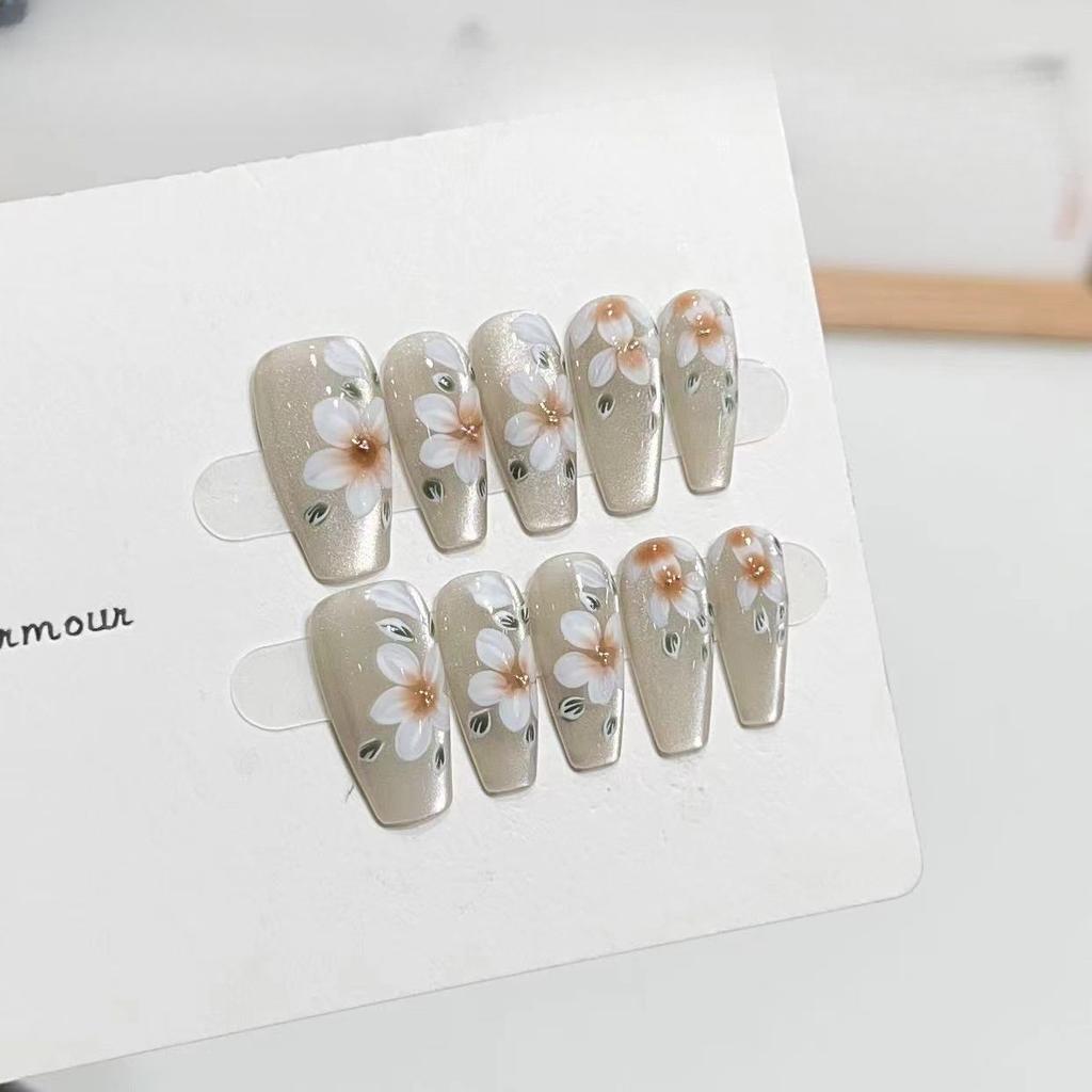 Advanced Sense Pure Hand-wearing Armor Handmade Cat Eye Nail Art Finished Camellia Detachable Fake Nail Patch Summer