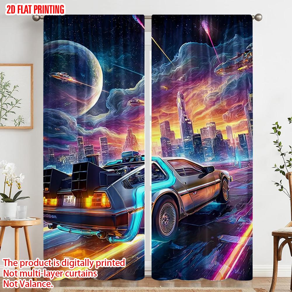 2pcs, Plane Printing Window Curtain Cool Racing Car Polyester (without Rod) Versatile All Perfect for Bedroom & Living Room