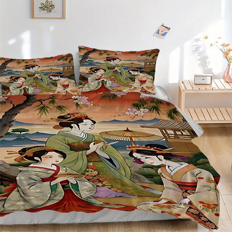 3pcs Anime Kimono Geisha Comforter Set with One Quilt Cover and Two Pillowcases (No Core) - Home Decor, Festival Gift, Polyester Fabric, Anime Cartoon
