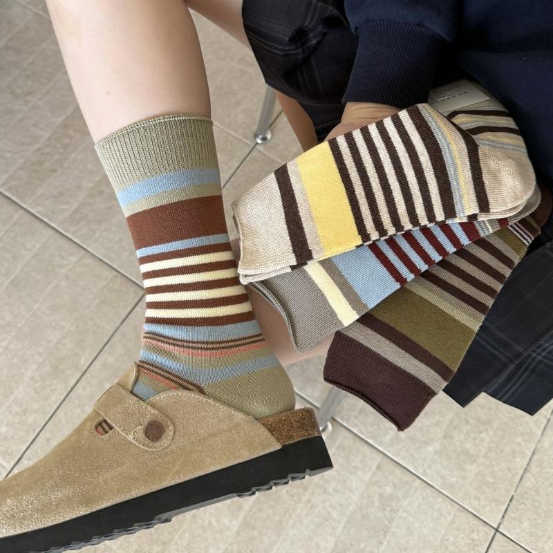 Maillard Contrasting Striped Medium Tube Socks Children'S Retro Mori Breathable Birkenstocks Double Needle Stacking Socks