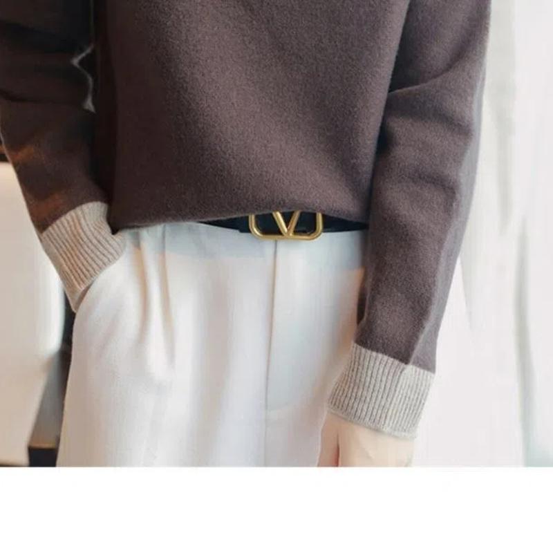 Korean Fashion Autumn Winter Sweaters Women Lapel Contrast Color Button Patchwork Chic Long Sleeve Loose Pullovers Knitted Tops
