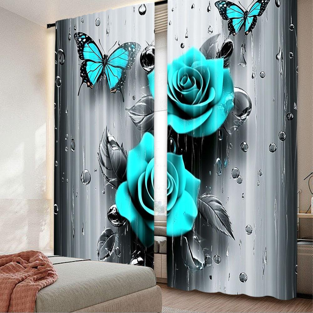 2Pcs Teal Rose Curtain Turquoise Floral Raindrops Art Window Drapes Suitable For Bedroom Bathroom Living Room 60×150